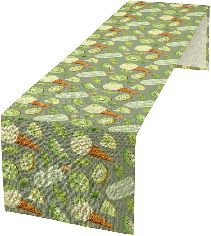 Summer Ice Cream Popsicles Table Runner, Watercolor Green Kiwi Seasonal Fruit Sweet Dessert Dinner Runner for Party Holiday Home Kitchen Dining Table Decor 13"x90"