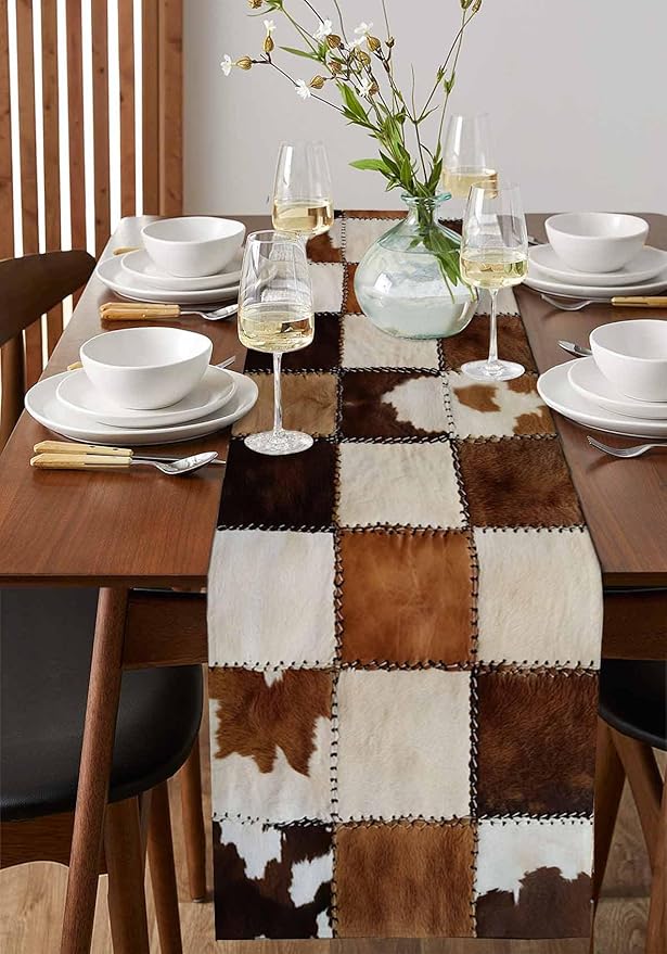 Abstract Cowhides Cotton Linen Table Runner for Dining Kitchen, Wedding Outdoor Party Tablerunners Decoration, Brown Beige Animal Fur Texture Dresser Scarf Coffee Tablecloth Runners 13x60 Inches