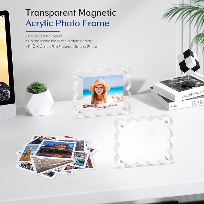 2Pack Magnetic Acrylic Picture Frames 2×3 Inch - Scalloped Glass Frame with 10+10mm Thick Block, Double Sided Clear Frames for Desktop Display | Trendy Home Gift (2 Pack, 2×3)