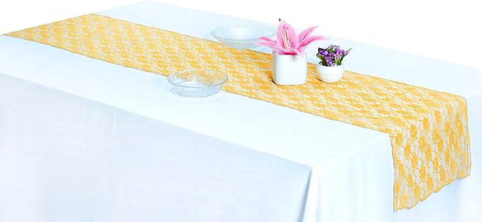MDS Pack of 25 Wedding 12 x 108 inches Lace Table Runner for Wedding, Decorations for Birthday Parties, Banquets, Graduations, Engagements, and Runners fit Rectangle, Round Table- Yellow Gold