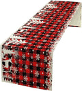 Christmas Table Runner,Red Black Plaid Xmas Snowflakes Deer Trees Print Tablecloth Burlap for Hotel Indoors Outdoor Dining Room Kitchen Home Decor,W13X L36 in