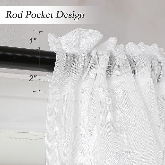 VISIONTEX Sheer Voile Curtain Valances, Decorative Leaves Embroidered, Rod Pocket Window Treatment for Kitchen/Rustic Bedroom/Living Room (54 x 16 Inch,1 Panel)