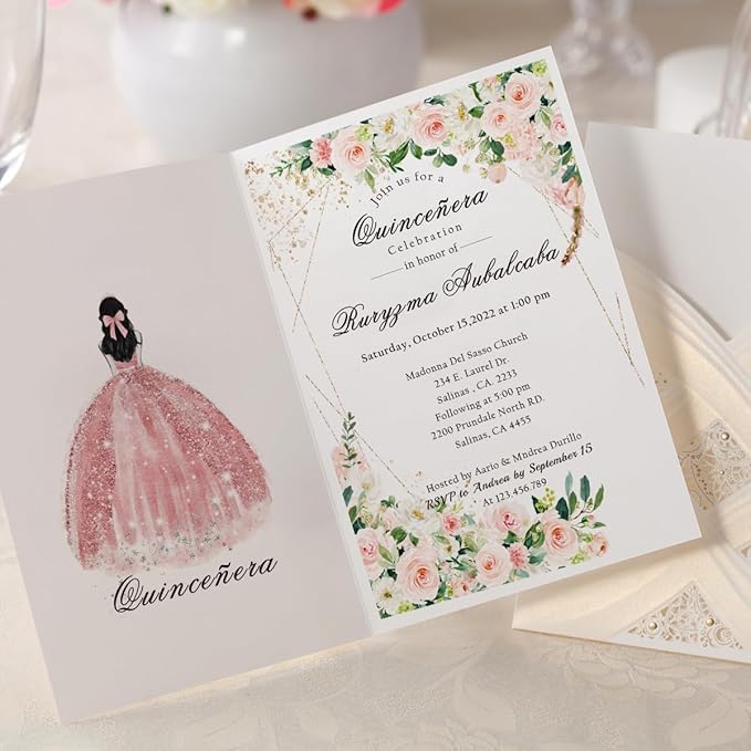 Hosmsua 5.12x7.2 50PCS Blank Wedding Invitations Kit Laser Cut light Gold Hollow Foil Flora Lace Sleeve Pocket with Envelopes for Quinceanera Wedding Invitation