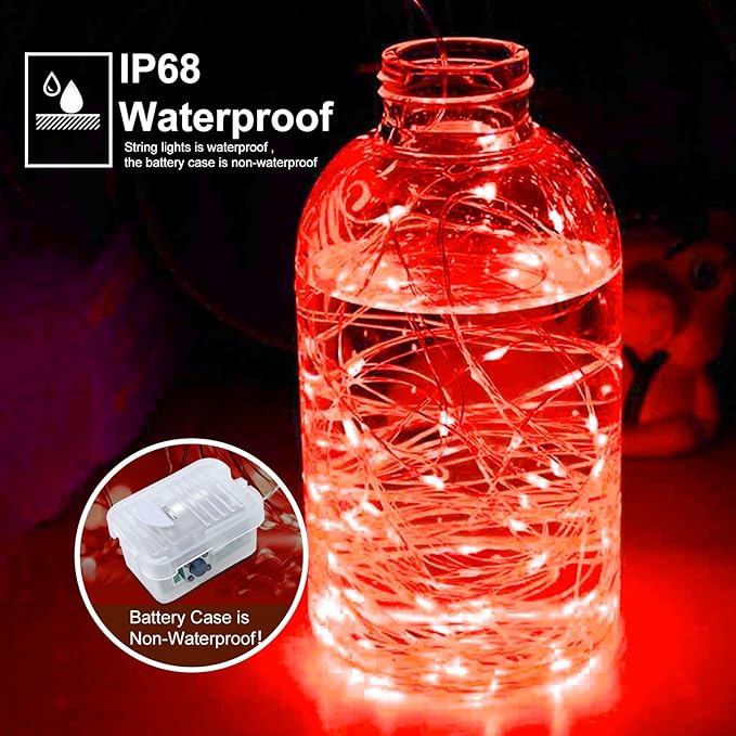 pozzolanas 100 Pack Red Battery Operated String Lights - 7ft Waterproof Fairy Lights with 20 LEDs for Home, Mason Jar, Party, Wedding, Halloween, Christmas Decorations
