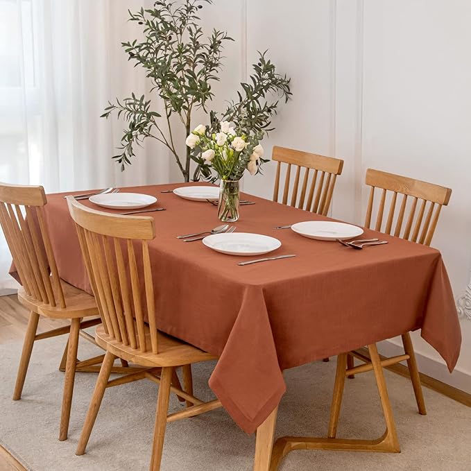 maxmill Lux Faux Linen Table Cloth with Slubby Texture Wrinkle Resistant Anti-Shrink Soft Fall Tablecloth for Kitchen Dining Tabletop for Thanksgiving Parties Rectangle 60 x 140 Inch Rust