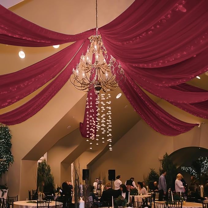 6 Panels Burgundy Wedding Ceiling Drapes 5ftx20ft Ceiling Drapes Chiffon Fabric Arch Draping Sheer Curtains Soft Drapery Draping Wedding Ceiling Decorations for Party Ceremony Stage Swag