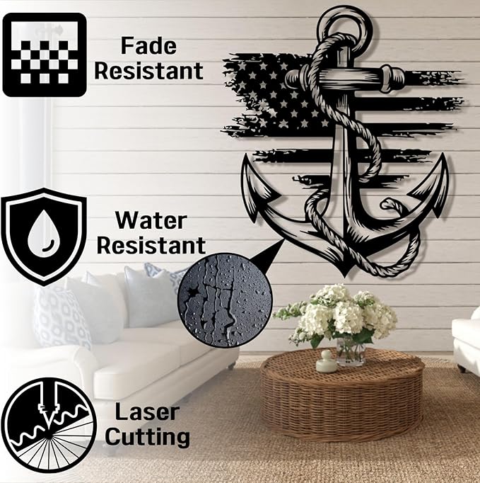 Metal Anchor Wall Decor, Anchor Metal Sign, Metal Anchor Decor, Anchor Metal Wall Art, Metal Nautical Wall Decor, Metal Wall Decor Coastal, Anchor Wall Decor (silver, 47L" x 43W" / 120 x 109 cm)