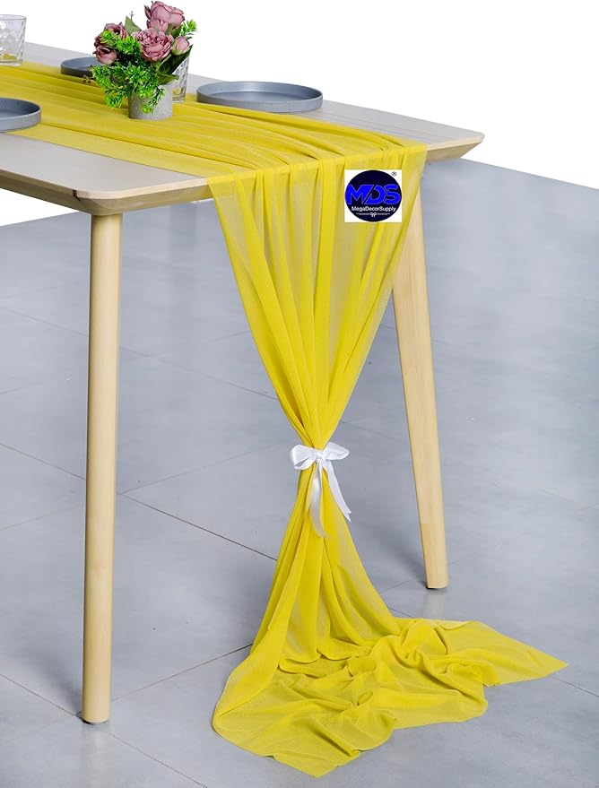 MDS Halloween Chiffon Table Runner - 20 Pack, 29 x 170 Inches, 14ft Each - Sheer Spooky Table Runners for Haunted House Parties, Trick-or-Treat Tables, Witchy Décor, Wedding & Events - Yellow