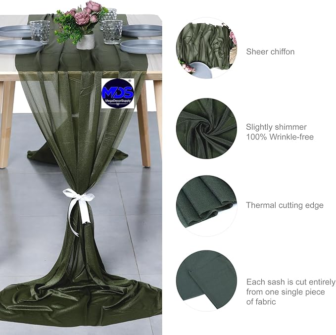 MDS 20 Pack 10ft Chiffon Table Runner 29 x 120 Inches Sheer Wedding Runner Romantic Rustic Table Runner for Wedding Decorations, Birthday Parties, Bridal Shower Party Arch Decor - Olive Green