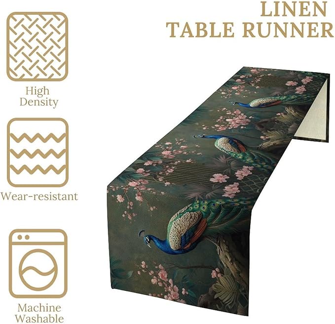 Peacock Table Runner,Vintage Aesthetic Peacock Birds Table Runner for Home Kitchen Dining Party Indoor Outdoor Decoration 13x90 Inch