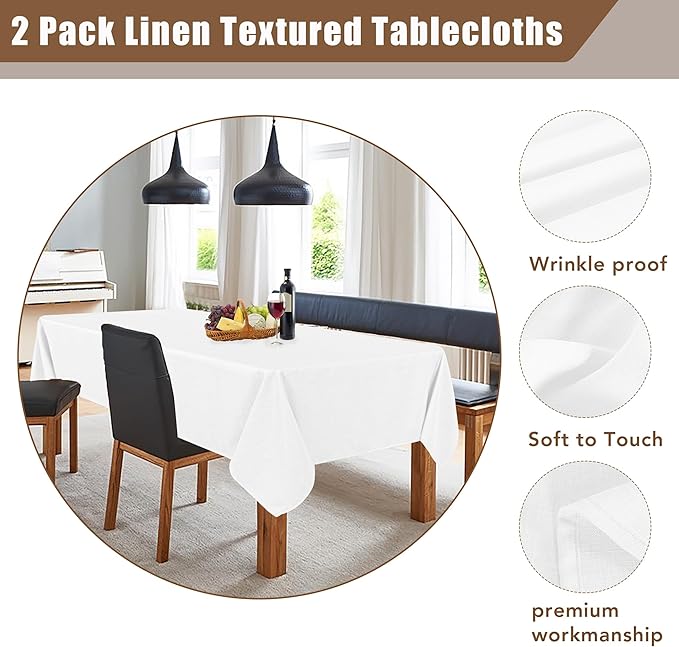 Fitable Faux Linen Tablecloths 2 Pack, Faux Burlap Fabric Table Clothes for Rectangle Tables, Rustic Table Covers for Kitchen Dining, Party, Farmhouse (White, 54 x 78 Inch)