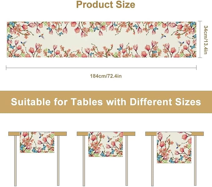 Spring Floral Bird Table Runner, Watercolor Pink Flower Plants Nature Butterfly Table Runner for Kitchen Dinner Living Room Home Party, 13x108 Inch