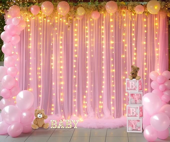 20ft x 10ft Pink Tulle Photo Backdrop Curtain with Lights String for Baby Shower Sheer Baby Pink Curtain Backdrop for Birthday Party Wedding Photo Booth Photography Background Decorations