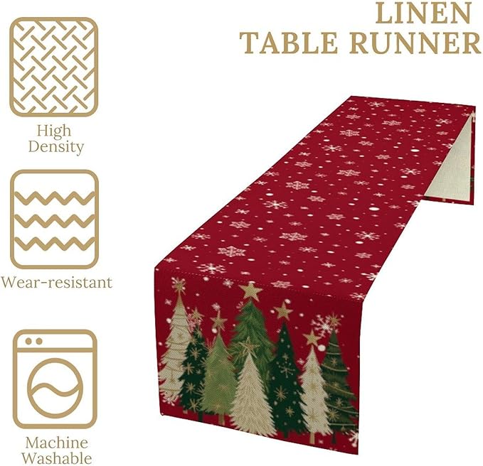 Merry Christmas Table Runner,Red Christmas Tree Snowflake Winter Seasonal Table Cloth Kitchen Dining Table Decoration for Home Party Decor 13x70 Inch