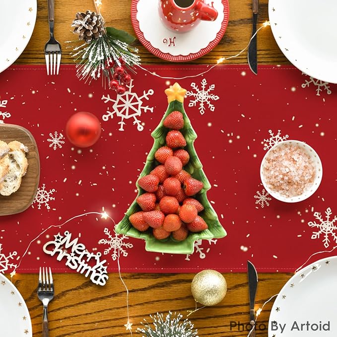 Artoid Mode Red Snowman Snowflake Let it Snow Winter Table Runner, Seasonal Christmas Kitchen Dining Table Decoration for Home Party Decor 13x72 Inch