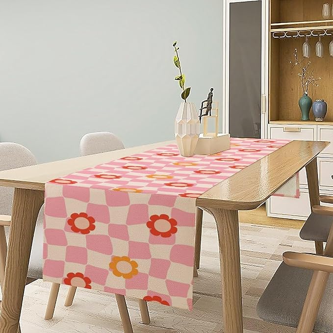 Vintage Floral Table Runner,60s Retro Color Funky Hippie Print Table Cloth Kitchen Dining Table Home Party Decoration 13x120 Inch