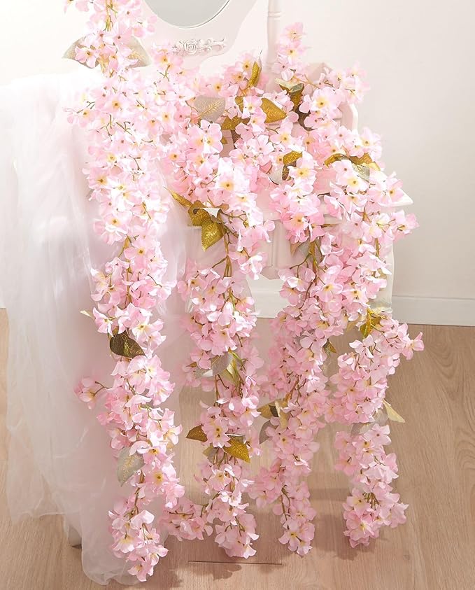 Flower Garland, Artificial Hydrangea Vine Flowers, Hanging Fake Hydrangeas Vine for Room Anniversary Wedding Birthday Christmas Wall Arch Decor, 2 Pcs, Floral Garland, Light Pink Flower