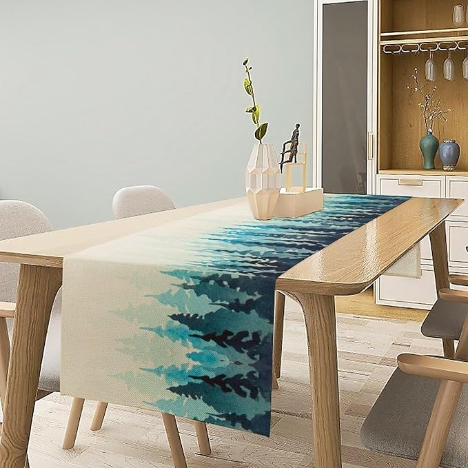 Misty Forest Table Runner,Foggy Blue Forest Landscape Table Runner for Kitchen Dining Table Home Party Decoration 13x60 Inch