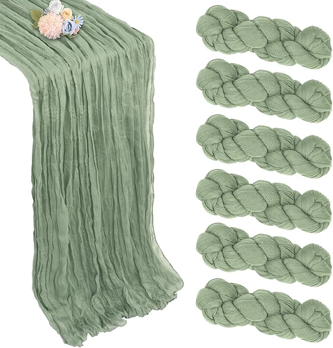 6 Pack Sage Green Table Runner 10ft Boho Gauze Fabric Cheesecloth Table Runner 35 x 120 Inch Rustic Sheer Runner for Wedding Centerpiece Decor Baby Shower Party Table Decorations