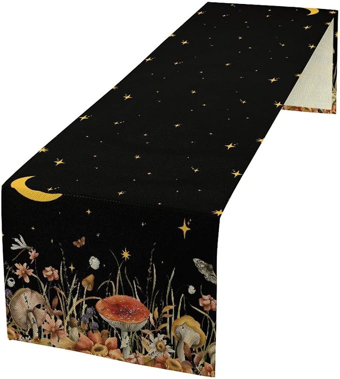 Mushroom Kitchen Table Runner, Gothic Moon Star Plants Witchy Moonlit Flower Butterfly Table Runner for Kitchen Party Living Room Drapes, 13x90 Inch Black