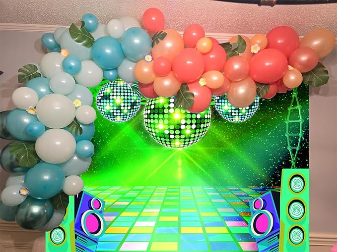 Dance Party Backdrop Retro 80s 90s Theme Stage Dance Ball Music Birthday Party Decoration DJ Photography Background 5 x 3 ft for Baby Shower Picture Photo Shoot Polyester Fabric, Green