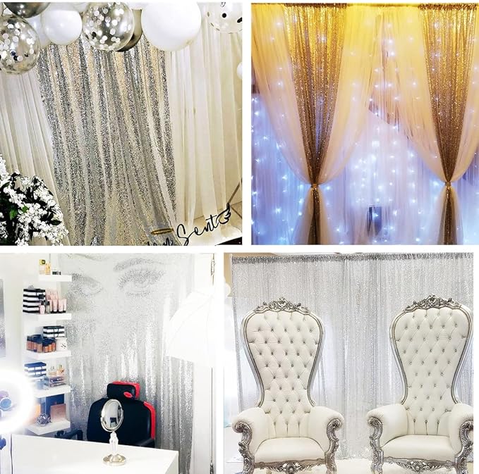 Poise3EHome Silver Sequin Backdrop Curtains,4 Panels 2FTx8FT Glitter Background for Party Birthday Party Baby Shower Wedding Christmas Thanksgiving Halloween Holiday Festival Decor