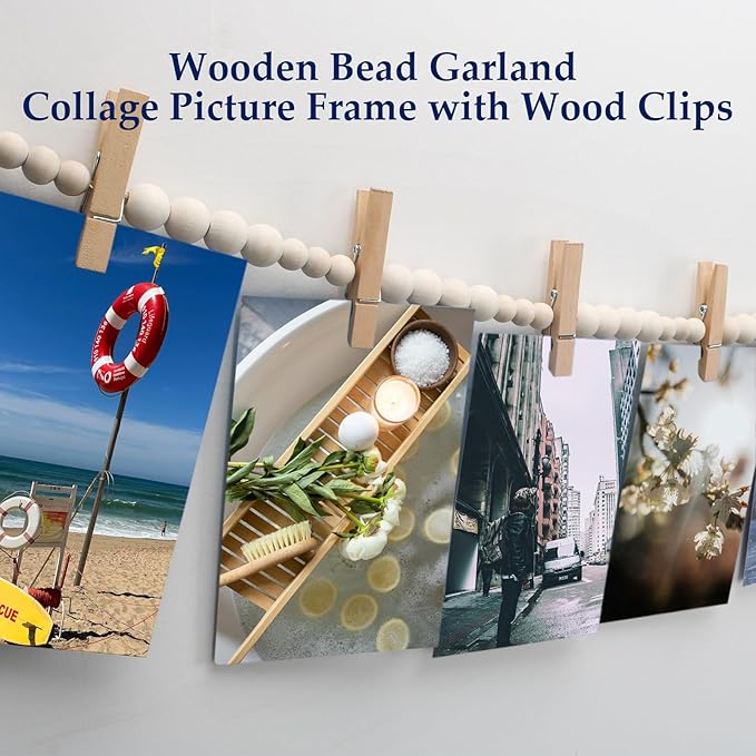 Hanging Photo Display Wall Decor with 30 Wood Clips, 67 Inches Boho Wooden Bead Garland Collage Picture Frame Photos String DIY, Photo Hanger for Bedroom Office Dorm Room Decor Gifts(2PCS)