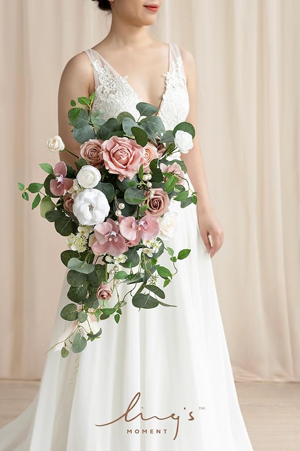 Ling's Moment Pink Bridal Bouquet for Bride, Dusty Rose Wedding Bouquets for Bride, 15 Inch Wedding Artificial Flowers