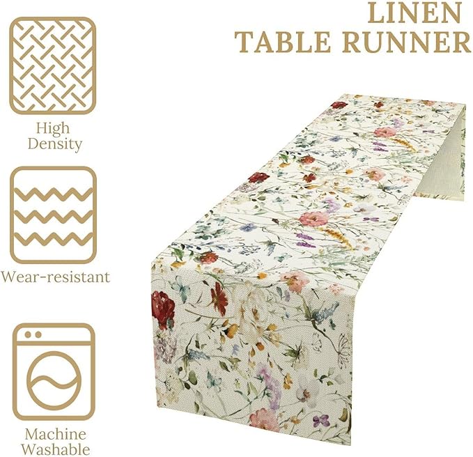 Floral Butterfly Table Runner,Rustic Colorful Flower Botanical Watercolor Pattern Print Burlap for Hotel Indoors Outdoor Dining Room Kitchen Holiday Party, 13x108in