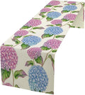 Spring Hydrangea Flower Table Runner, Seasonal Summer Plants Watercolor Pink Purple Florals Dinner Runner for Home Kitchen Dining Table Party Holiday Decoration 13"x36"