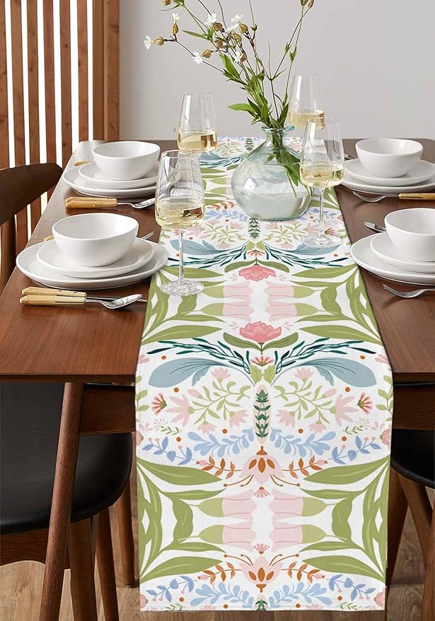Green Blue Pink Boho Floral Cotton Linen Table Runner for Dining Kitchen, Wedding Outdoor Party Tablerunners Decoration, Retro Bohemian Botanical Dresser Scarf Coffee Tablecloth Runners 13x120 Inches