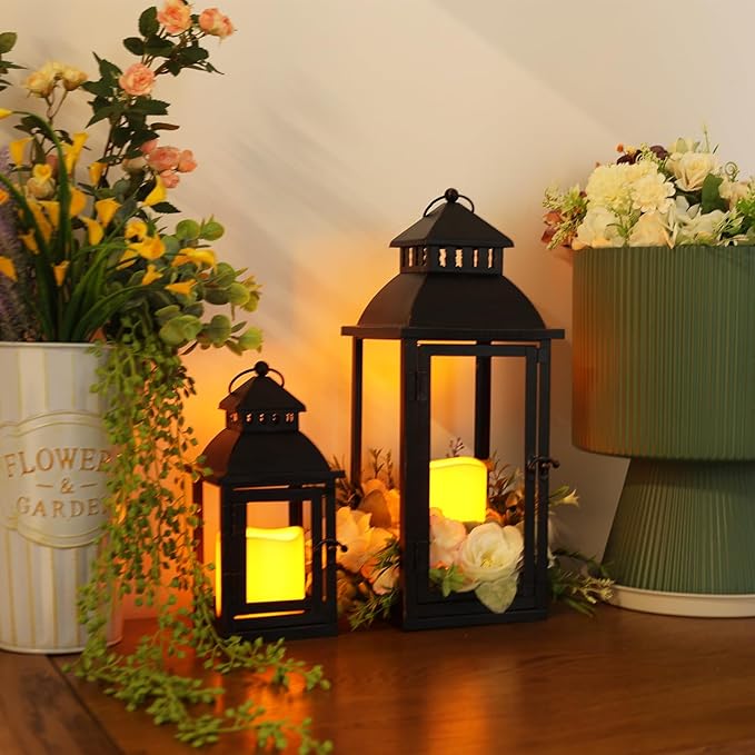 NEEDOMO LED Lanterns Decorative Outdoor&Indoor, Set of 2 Large Bronze Metal Lantern Decor with LED Candle, Lantern Decor for Porch, Patio, Garden, Balcony, Wedding, Spring Decorations (NO Glass)