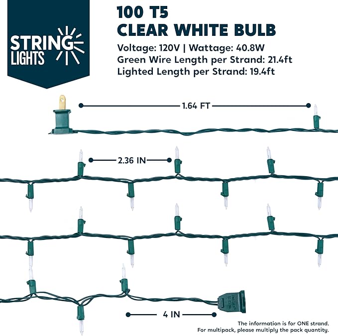 Joiedomi Clear Christmas String Lights Indoor,100 Count Mini Warm White Fairy Light,19.4 FT Lighting Decor for Patio Dorm Classroom Bedroom Holiday Wedding Party Garland Birthday Festival,Green Wire