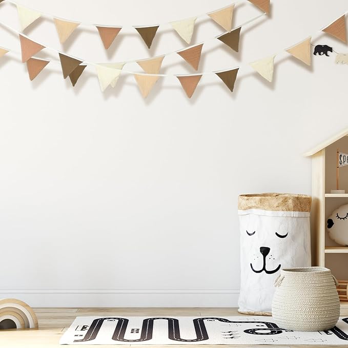 Oudain 15.5 ft Pennant Banner Flags, 2 Pcs Nursery Garland Triangle Bunting Flag Baby Banner for Nursery Decor Baby Birthday Boho Wedding Shower Party Event, Each 7.75 ft(Khaki Colors)
