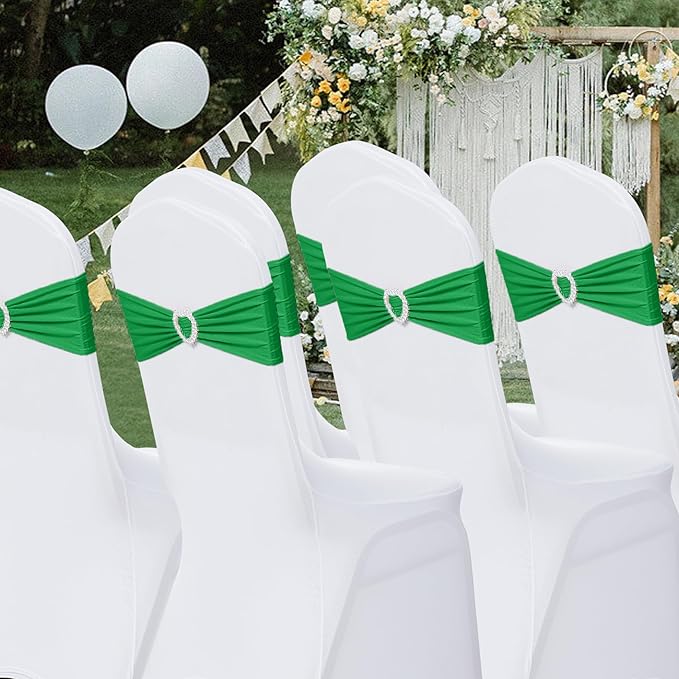 Howhic Pack of 60 Spandex Chair Sashes Bows Stretch Chair Cover Band with Buckle Slider Universal Elastic Chair Ties for Wedding Banquet Party Event Decoration (Emerald)