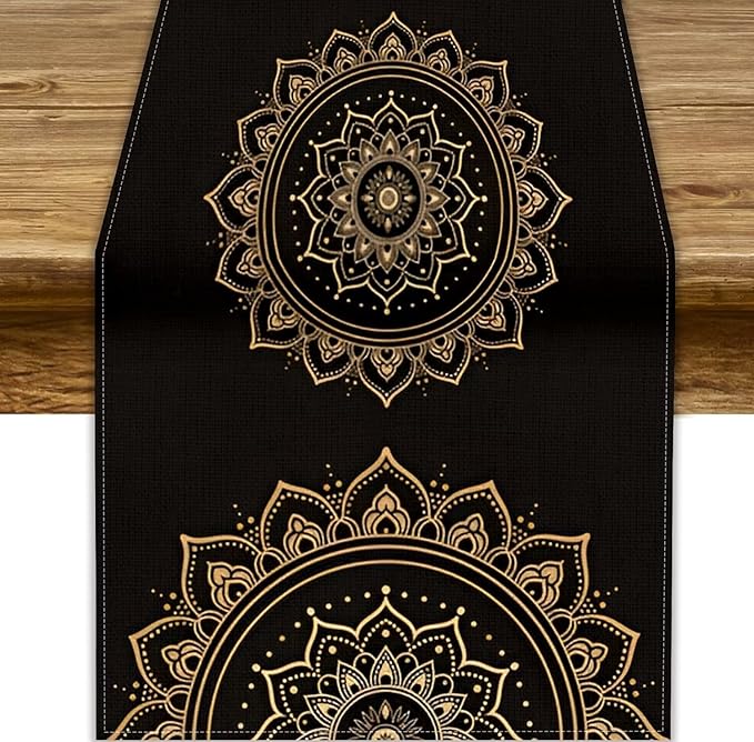 Golden Mandala Table Runner, Traditional Indian Gold Black Flower Vintage Luxury Bohemian Mandala Table Runner for Home Kitchen Dinning Table Indoor Outdoor Holiday, 13x60inch