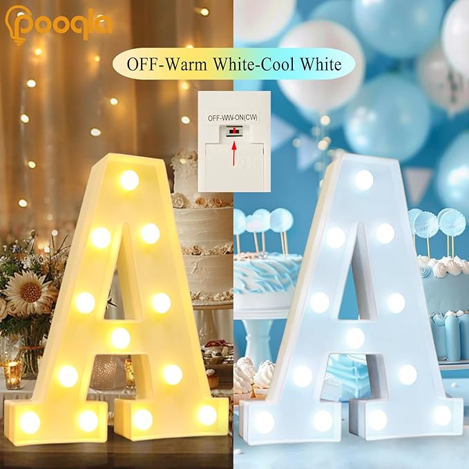 Pooqla LED Marquee Letter Lights, Warm White and Cool White Decorative Lighted Letters, Light Up Alphabet Letters for Boys Girls, Party, Wedding, Bar, Night Light, Birthday Decoration, Letter P