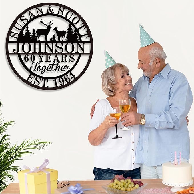 Personalized Christmas Gifts 2025, Custom 50th/40th/60th/70th/30th/1-99 Years Wedding Anniversary Sign Gifts for Couples Parents, Custom Metal Monogram Sign Personalized Family Name Signs (Deer)