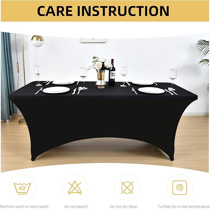 2-Pack 8ft Black Spandex Table Covers for Rectangle Folding Tables - Washable Elastic Tablecloth - Ultimate Fitted Table Protector for Birthday Parties, Trade Shows, Banquet