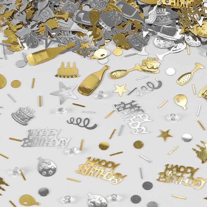 VHUWE Happy Birthday Confetti, 1.6 oz Champagne Gold Silver Cake Balloon Star Goblet Bottle Swirl Glitter Confetti for Boys Girls Kids Women Men Happy Birthday Party Table Decorations Supplies