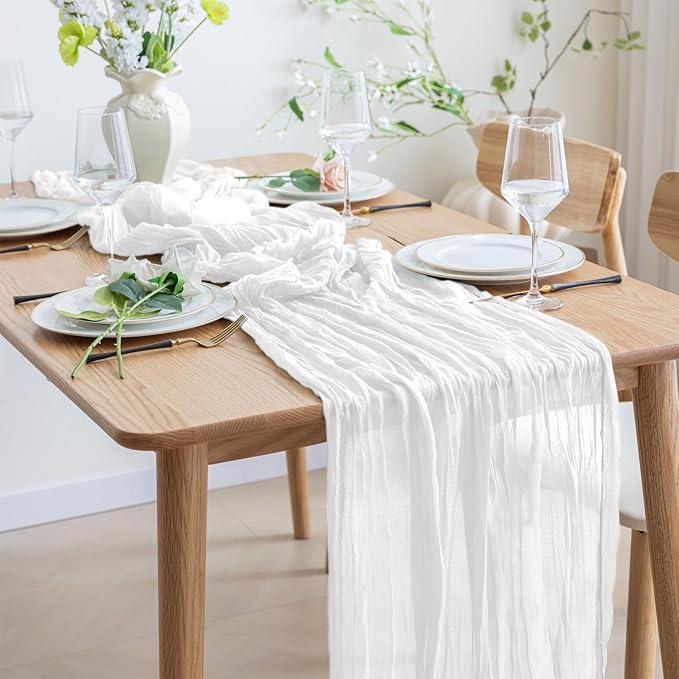 Asee'm 2pcs Cheesecloth Table Runner 120 Inches Long Ivory Boho Gauze Cheese Cloth Runner 10FT Rustic Sheer Table Runners for Christmas Wedding Party Baby Shower Spring Easter Decoration
