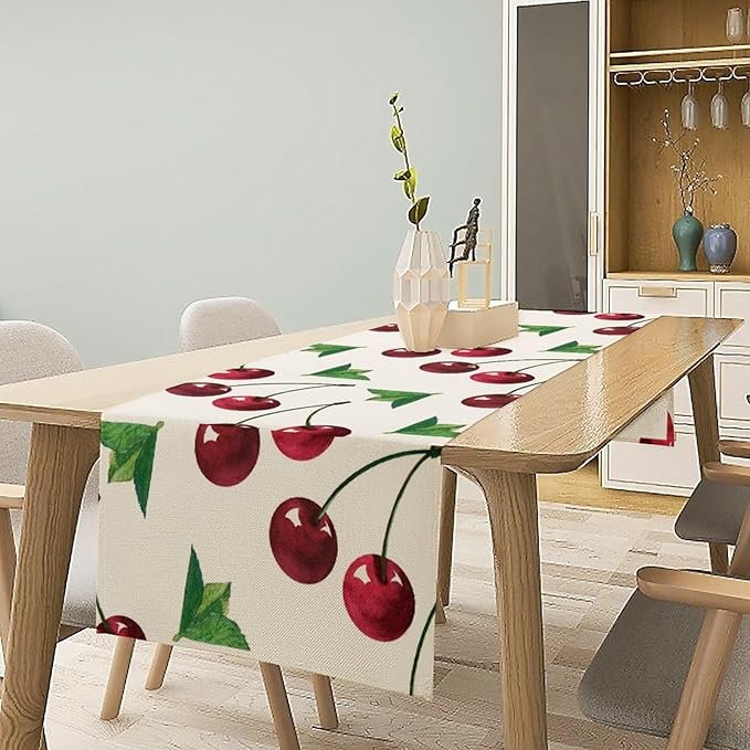 Red Cherry Table Runner Watercolor Tropical Fruit Spring Summer Wild Berry Dinner Runner for Girl Baby Party Holiday Home Kitchen Dining Table Decor 13x70