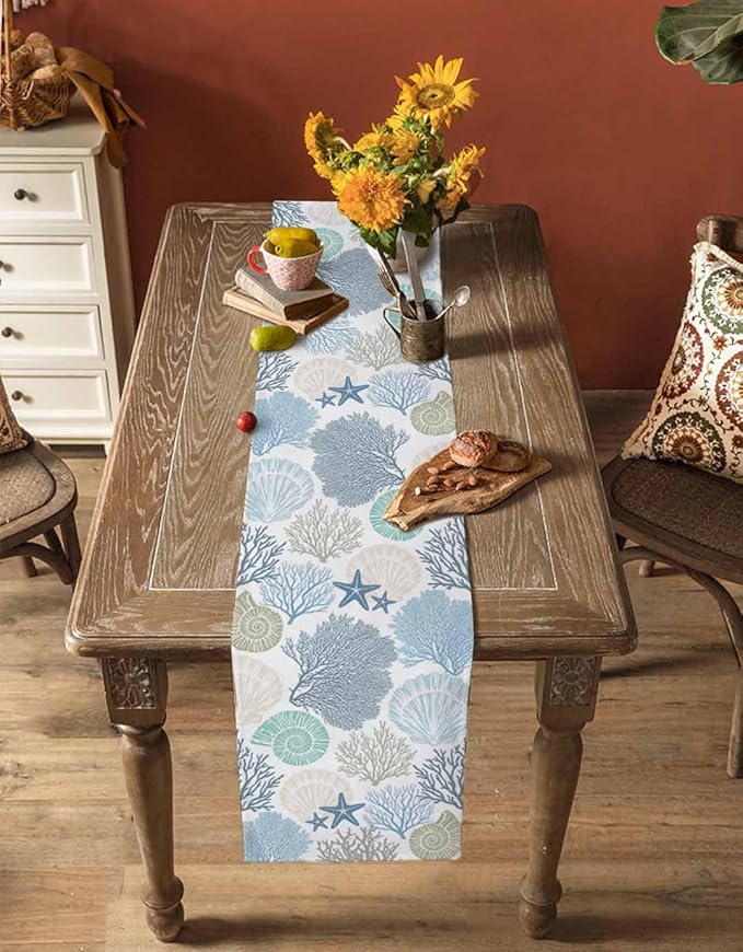 Coastal Coral Cotton Linen Table Runner for Dining Kitchen, Wedding Outdoor Party Tablerunners Decoration, Blue Nautical Starfish Ocean Shell Beach Dresser Scarf Coffee Tablecloth Runners 13''x120''