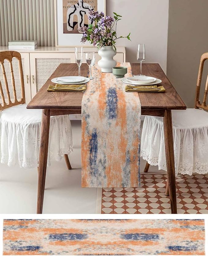 Vintage Oil Painted Cotton Linen Table Runner for Dining Kitchen, Wedding Outdoor Party Tablerunners Decoration, Abstract Modern Orange Minimalist Dresser Scarf Coffee Tablecloth Runners 13x36 Inches