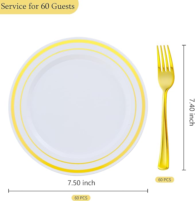 120pcs Gold Dessert Plates with Forks for 60 Guests-60pcs 7.5" Small Plastic Dessert Plates and 60pcs 7.4" Forks-Disposable Cake/Appetizer/Salad Plate for Wedding,Birthday and Party
