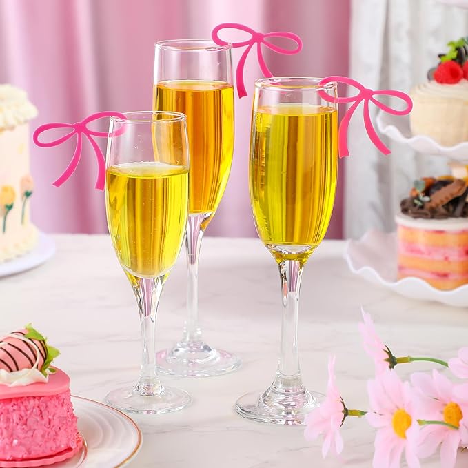 50 Pcs Bows Drink Tags Coquette Bow Wine Glass Charms Acrylic Bowknot Drink Tag for Bachelorette Birthday Wedding Coquette Tasting Party Decor Accessory(Rose Pink)