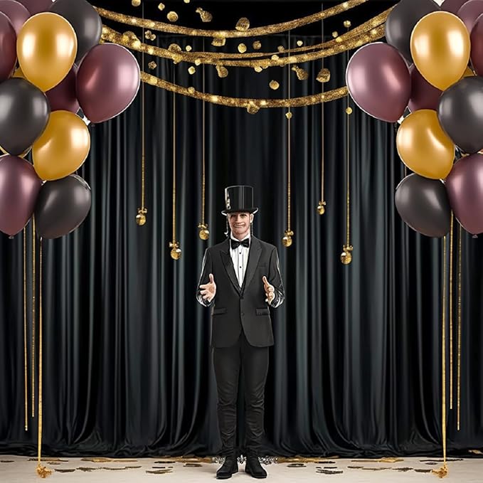 40 ft x 10 ft Wrinkle Free Black Backdrop Curtain for Parties, 8 Panels 10ft Polyester Black Photo Backdrop Drapes for Graduation Birthday Wedding Party Stage Curtains, Thick Bulk Background Curtains