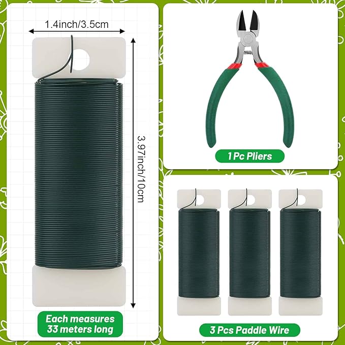 PAXCOO Flexible 110 Yards Green Floral Paddle Wire - Christmas Wreath Craft Wire with Wire Cutter, 22 Gauge