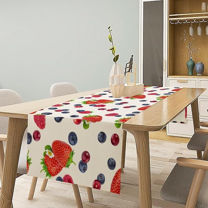 Strawberry Table Runner Spring Summer Fruit Wild Berry Forest Garden Dinner Runner for Farmhouse Party Holiday Home Kitchen Dining Table Decor 13x70