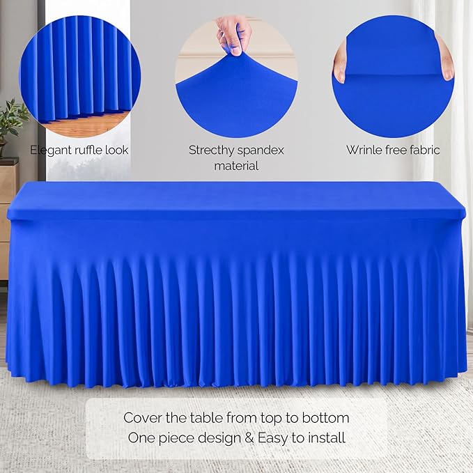 Wish Care 2 Pack Royal Blue Spandex Table Clothes for 8 Foot Rectangle Tables, 8FT Wrinkle Free Fitted Tablecloths Ruffles Design Table Cloth for Party, Banquet, Wedding and Events